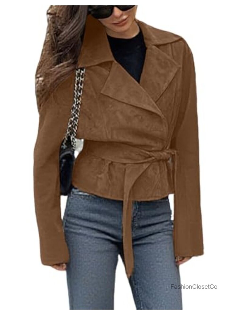 Faux Suede Leather Cropped Wrap Coat with Belt Long Sleeve Trench